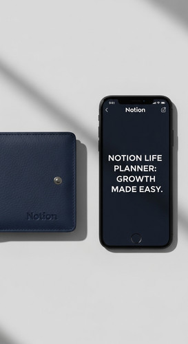A minimalist flatlay with a navy wallet and a phone showing a Notion Life Planner overlay text Notio.jpg