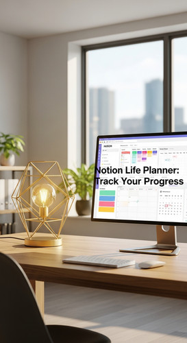 A bright office with a geometric gold lamp and a screen showing a Notion Life Planner overlay text N.jpg