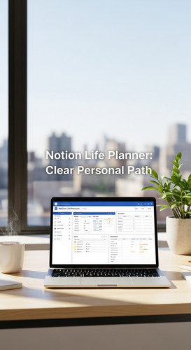 A bright office with a laptop showing a Notion Life Planner overlay text Notion Life Planner Clear P.jpg