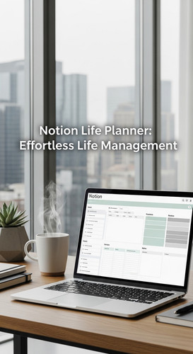A bright office with a laptop showing a Notion Life Planner overlay text Notion Life Planner Effortl.jpg