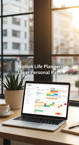 A bright office with a laptop showing a Notion Life Planner overlay text Notion Life Planner Clear P.jpg