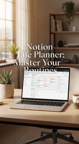 A bright office with a laptop showing a Notion Life Planner overlay text Notion Life Planner Master .jpg