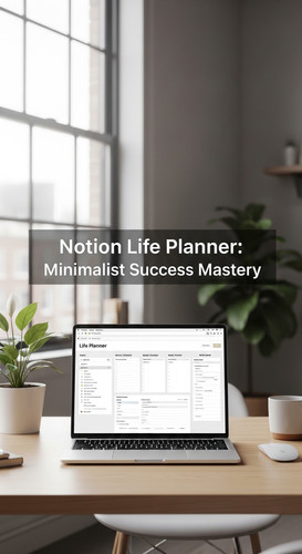 A bright office with a laptop showing a Notion Life Planner overlay text Notion Life Planner Minimal.jpg