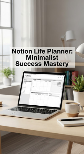 A bright office with a laptop showing a Notion Life Planner overlay text Notion Life Planner Minimal.jpg
