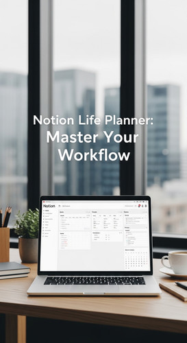 A bright office with a laptop showing a Notion Life Planner overlay text Notion Life Planner Master .jpg