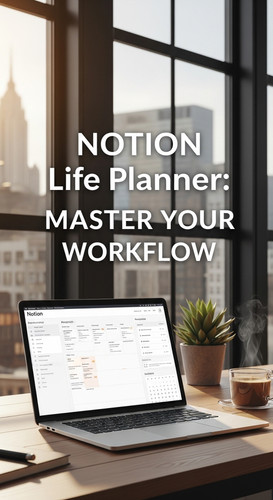 A bright office with a laptop showing a Notion Life Planner overlay text Notion Life Planner Master .jpg