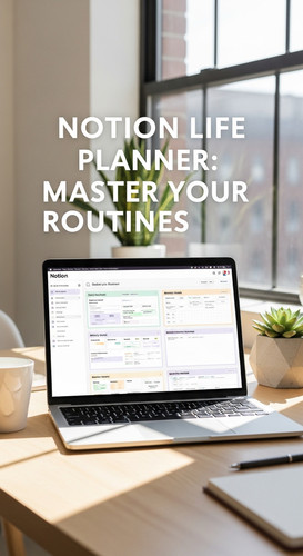 A bright office with a laptop showing a Notion Life Planner overlay text Notion Life Planner Master .jpg