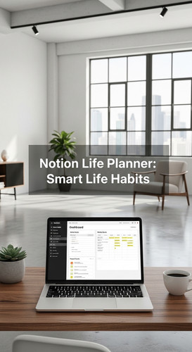 A minimalist loft with a laptop showing a Notion Life Planner overlay text Notion Life Planner Smart.jpg