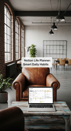 A minimalist industrial loft with a laptop showing a Notion Life Planner overlay text Notion Life Pl.jpg