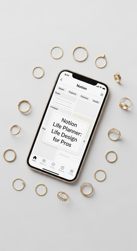 A minimalist flatlay with gold rings and a phone showing a Notion Life Planner overlay text Notion L.jpg