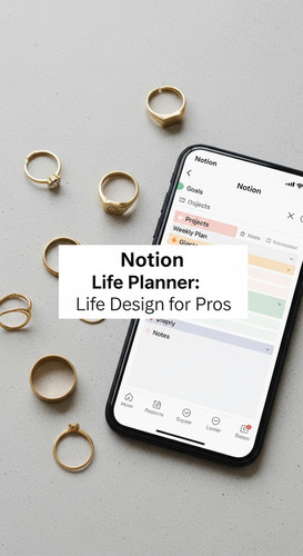 A minimalist flatlay with gold rings and a phone showing a Notion Life Planner overlay text Notion L.jpg