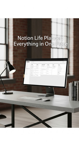 A minimalist industrial loft desk with a Notion Life Planner on screen overlay text Notion Life Plan.jpg