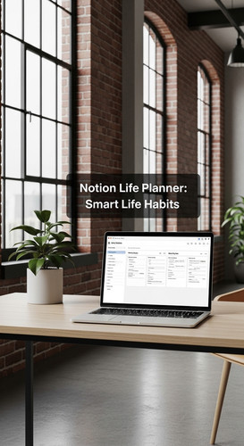 A minimalist loft with a laptop showing a Notion Life Planner overlay text Notion Life Planner Smart.jpg