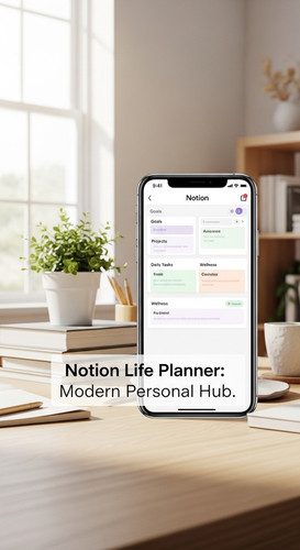 A bright home office with a phone showing a Notion Life Planner overlay text Notion Life Planner Mod.jpg