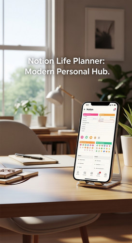 A bright home office with a phone showing a Notion Life Planner overlay text Notion Life Planner Mod.jpg
