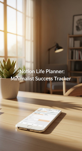 A bright home office with a phone showing a Notion Life Planner overlay text Notion Life Planner Min.jpg