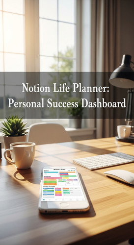 A bright home office with a phone showing a Notion Life Planner overlay text Notion Life Planner Per.jpg
