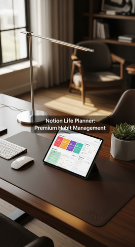 A luxury workspace with a leather desk mat and a tablet showing a Life Planner overlay text Notion L.jpg