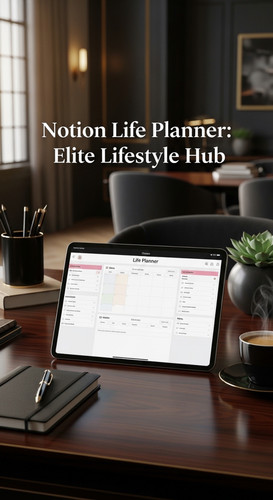 A luxury workspace with a tablet showing a Life Planner overlay text Notion Life Planner Elite Lifes.jpg