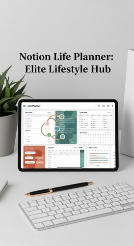 A luxury workspace with a tablet showing a Life Planner overlay text Notion Life Planner Elite Lifes.jpg