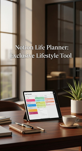 A luxury workspace with a tablet showing a Life Planner overlay text Notion Life Planner Exclusive L.jpg