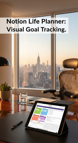 A luxury penthouse office with a Notion Life Planner on a tablet overlay text Notion Life Planner Vi.jpg