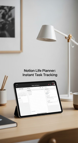 A minimalist desk with an iPad showing a Life Planner overlay text Notion Life Planner Instant Task .jpg