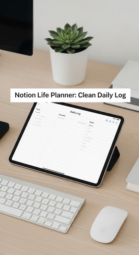 A minimalist desk with an iPad showing a Life Planner overlay text Notion Life Planner Clean Daily L.jpg