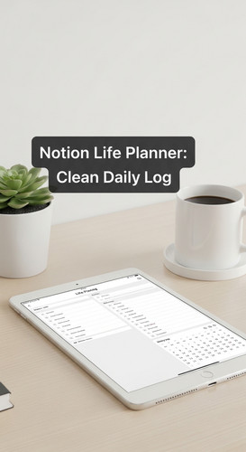 A minimalist desk with an iPad showing a Life Planner overlay text Notion Life Planner Clean Daily L.jpg