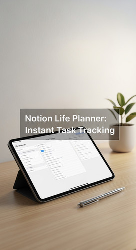 A minimalist desk with an iPad showing a Life Planner overlay text Notion Life Planner Instant Task .jpg
