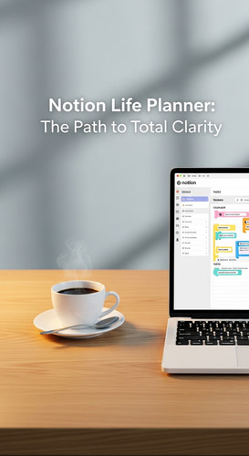 A minimalist desk with an espresso and a screen showing a Notion Life Planner overlay text Notion Li.jpg