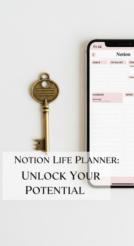 A minimalist flatlay with a gold key and a phone showing a Notion Life Planner overlay text Notion L.jpg