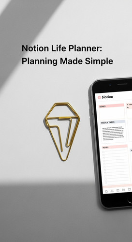 A minimalist flatlay with a gold geometric paperclip and a phone showing a Notion Life Planner overl.jpg