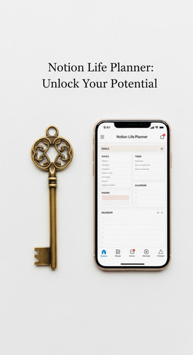 A minimalist flatlay with a gold key and a phone showing a Notion Life Planner overlay text Notion L.jpg