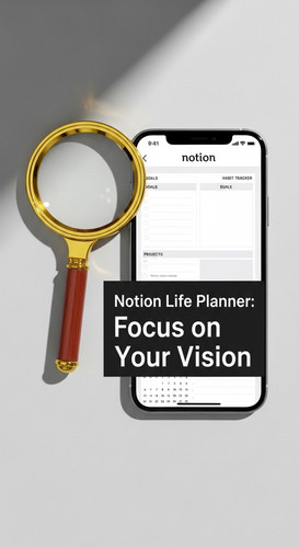 A minimalist flatlay with a gold magnifying glass and a phone showing a Notion Life Planner overlay .jpg