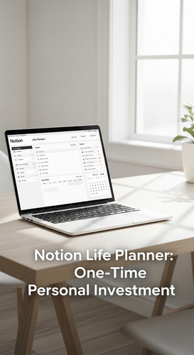A bright studio with a laptop showing a Notion Life Planner overlay text Notion Life Planner OneTime.jpg