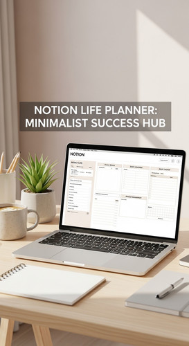 A bright studio with a laptop showing a Notion Life Planner overlay text Notion Life Planner Minimal.jpg