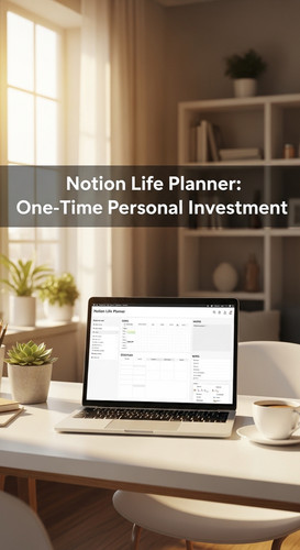 A bright studio with a laptop showing a Notion Life Planner overlay text Notion Life Planner OneTime.jpg