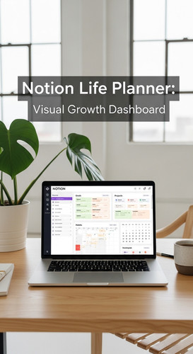 A bright studio with a laptop showing a Notion Life Planner overlay text Notion Life Planner Visual .jpg