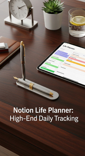 A luxury desk with a fountain pen and a tablet showing a Life Planner overlay text Notion Life Plann.jpg