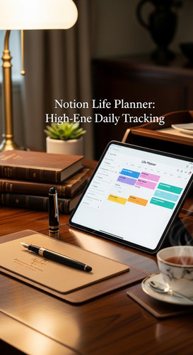 A luxury desk with a fountain pen and a tablet showing a Life Planner overlay text Notion Life Plann.jpg