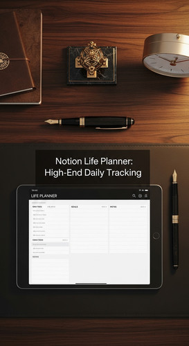 A luxury desk with a fountain pen and a tablet showing a Life Planner overlay text Notion Life Plann.jpg