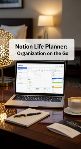 A highend hotel desk with a laptop showing a Notion Life Planner overlay text Notion Life Planner Or.jpg