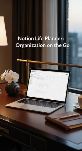 A highend hotel desk with a laptop showing a Notion Life Planner overlay text Notion Life Planner Or.jpg