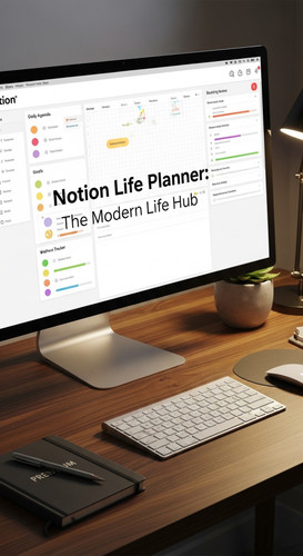 A highend desk with a screen showing a Notion Life Planner overlay text Notion Life Planner The Mode.jpg