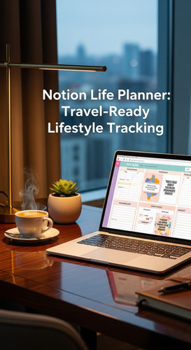 A highend hotel room desk with a laptop showing a Notion Life Planner overlay text Notion Life Plann.jpg