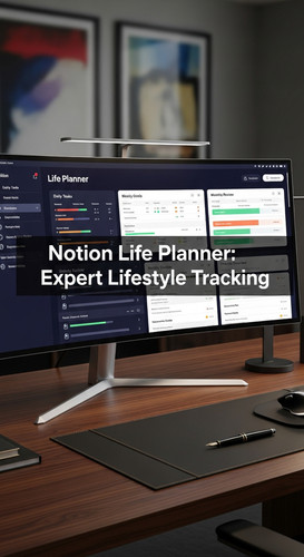 A highend executive desk with a curved screen showing a Life Planner overlay text Notion Life Planne.jpg