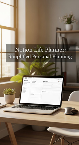 A bright office with a laptop showing a Notion Life Planner overlay text Notion Life Planner Simplif.jpg