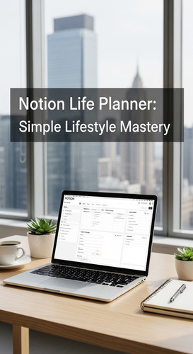 A bright office with a laptop showing a Notion Life Planner overlay text Notion Life Planner Simple .jpg