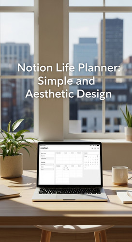 A bright office with a laptop showing a Notion Life Planner overlay text Notion Life Planner Simple .jpg
